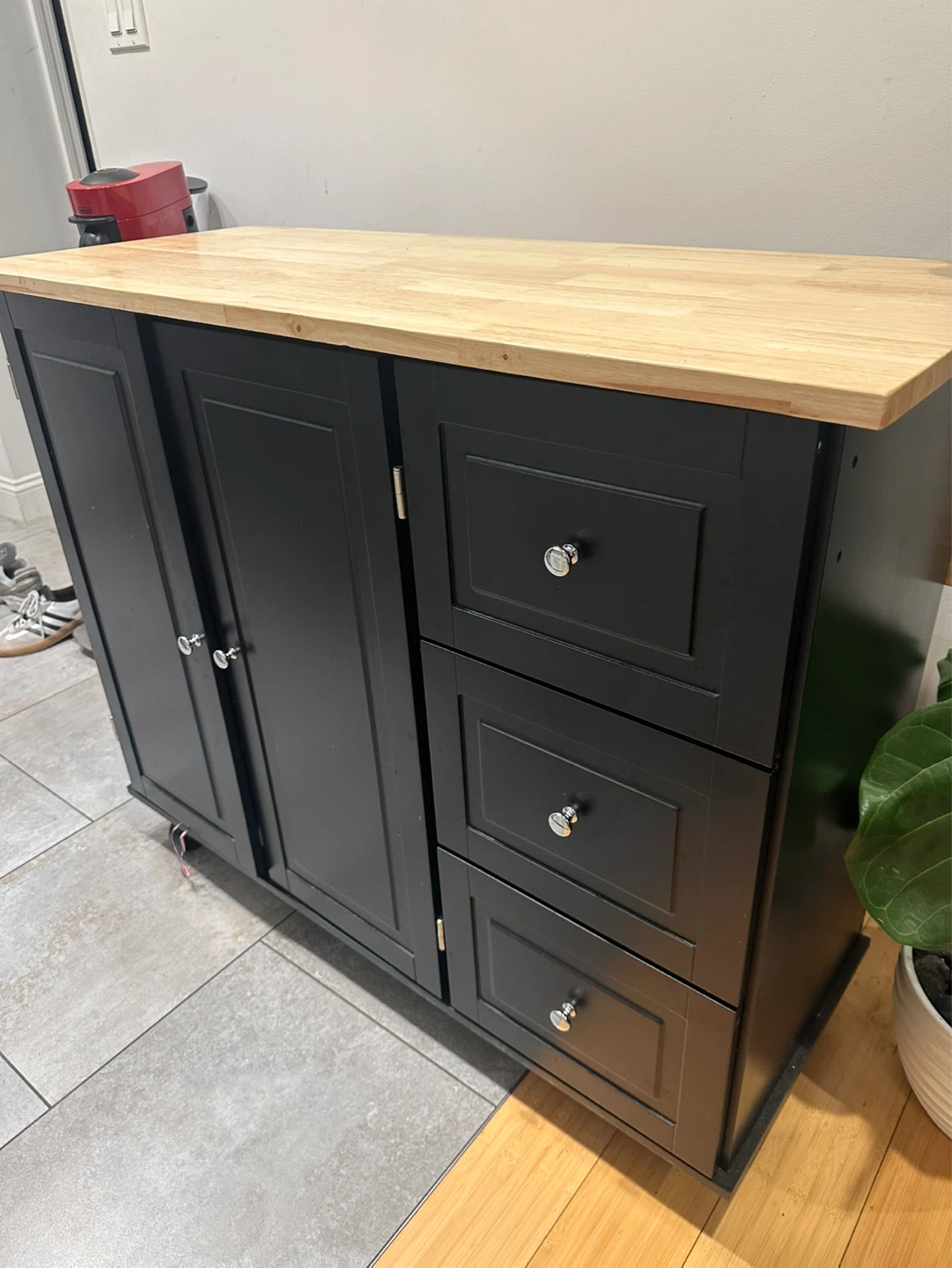 Black Kitchen Island with Butcher Block Top