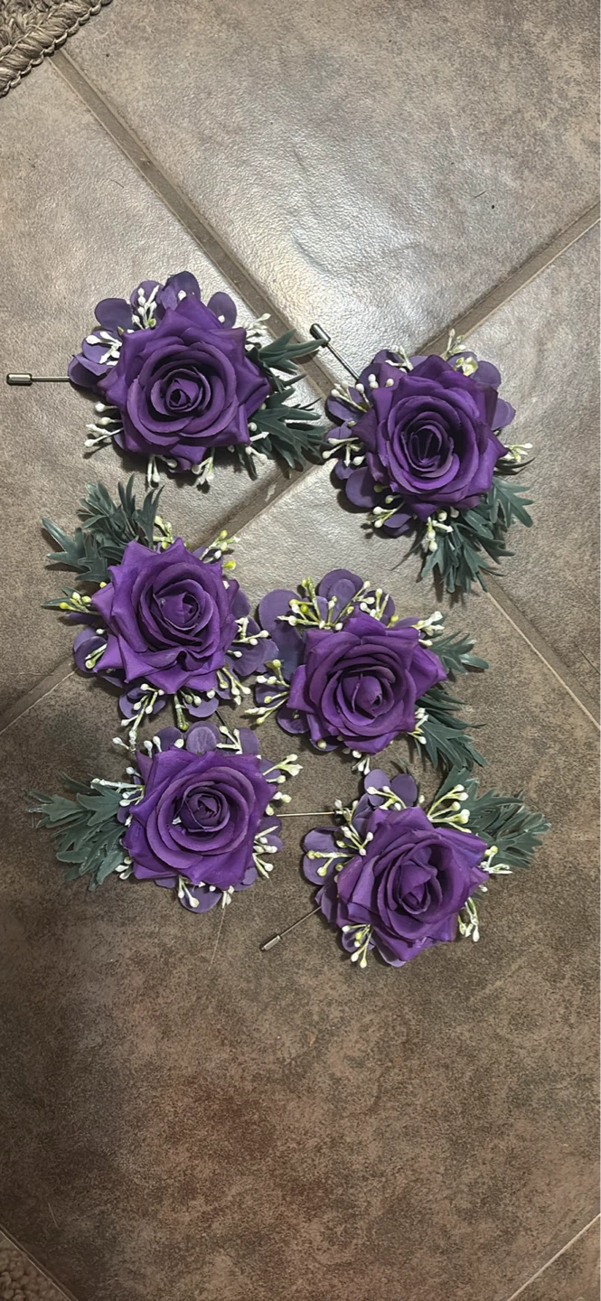Set of 6 Purple Floral Boutonnieres with Pins