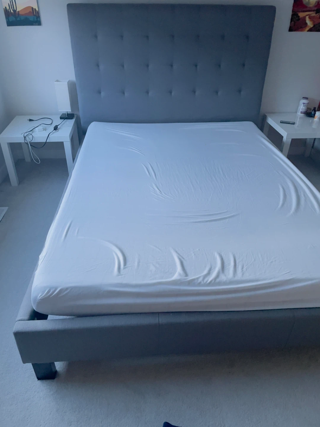Queen Grey Upholstered Tufted Headboard Bed Frame