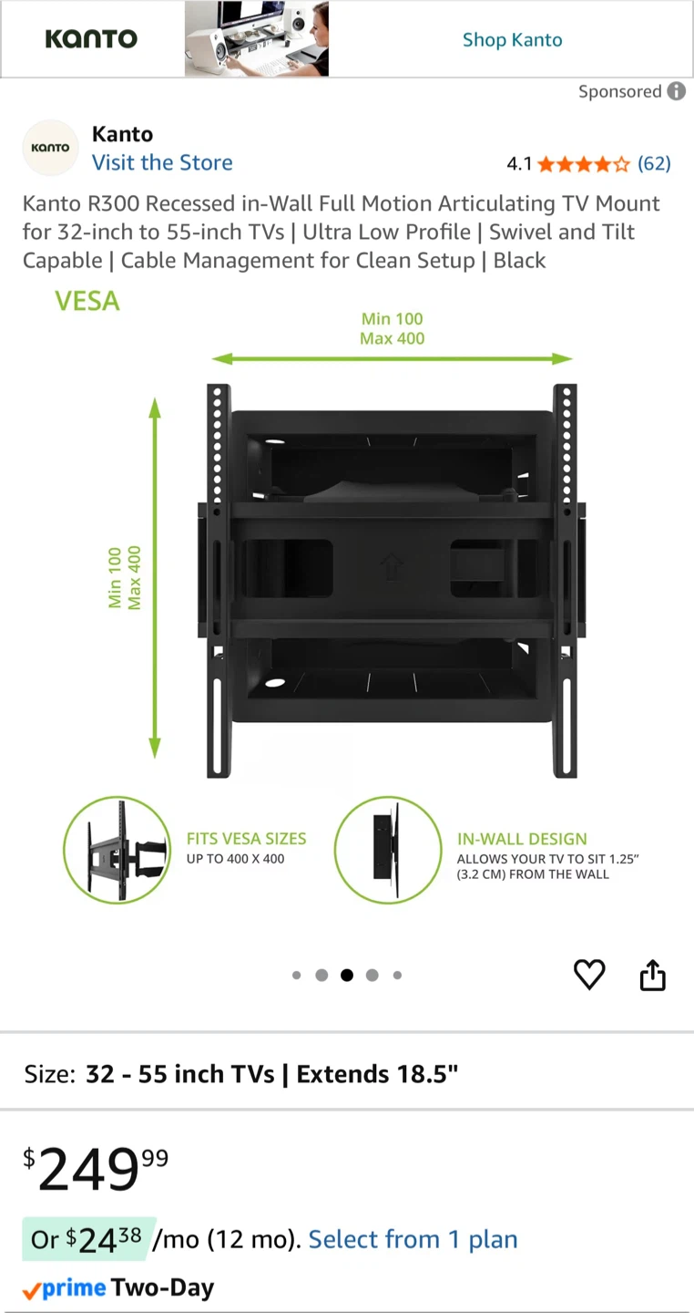 TV Mount ( Kanto R300 Recessed Articulating  TV mount) - photo 5