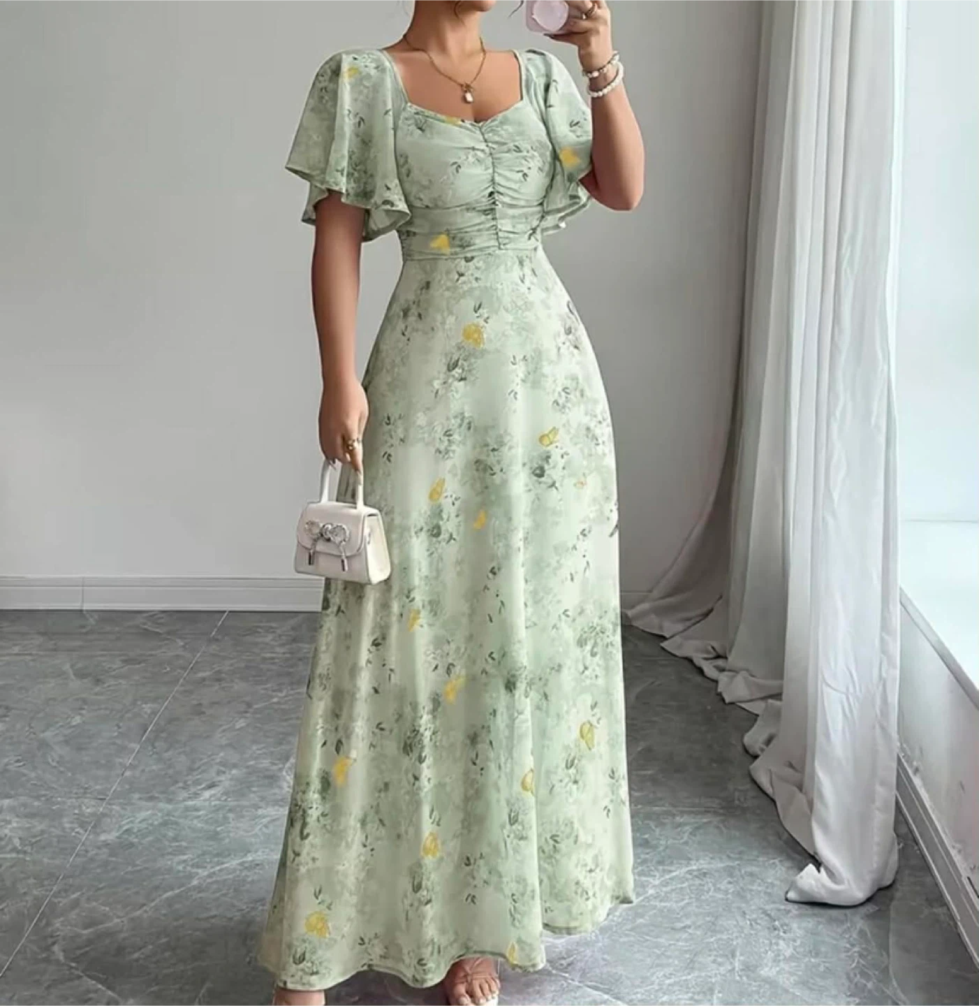 Floral Print Maxi Dress with Flutter Sleeves - photo 3