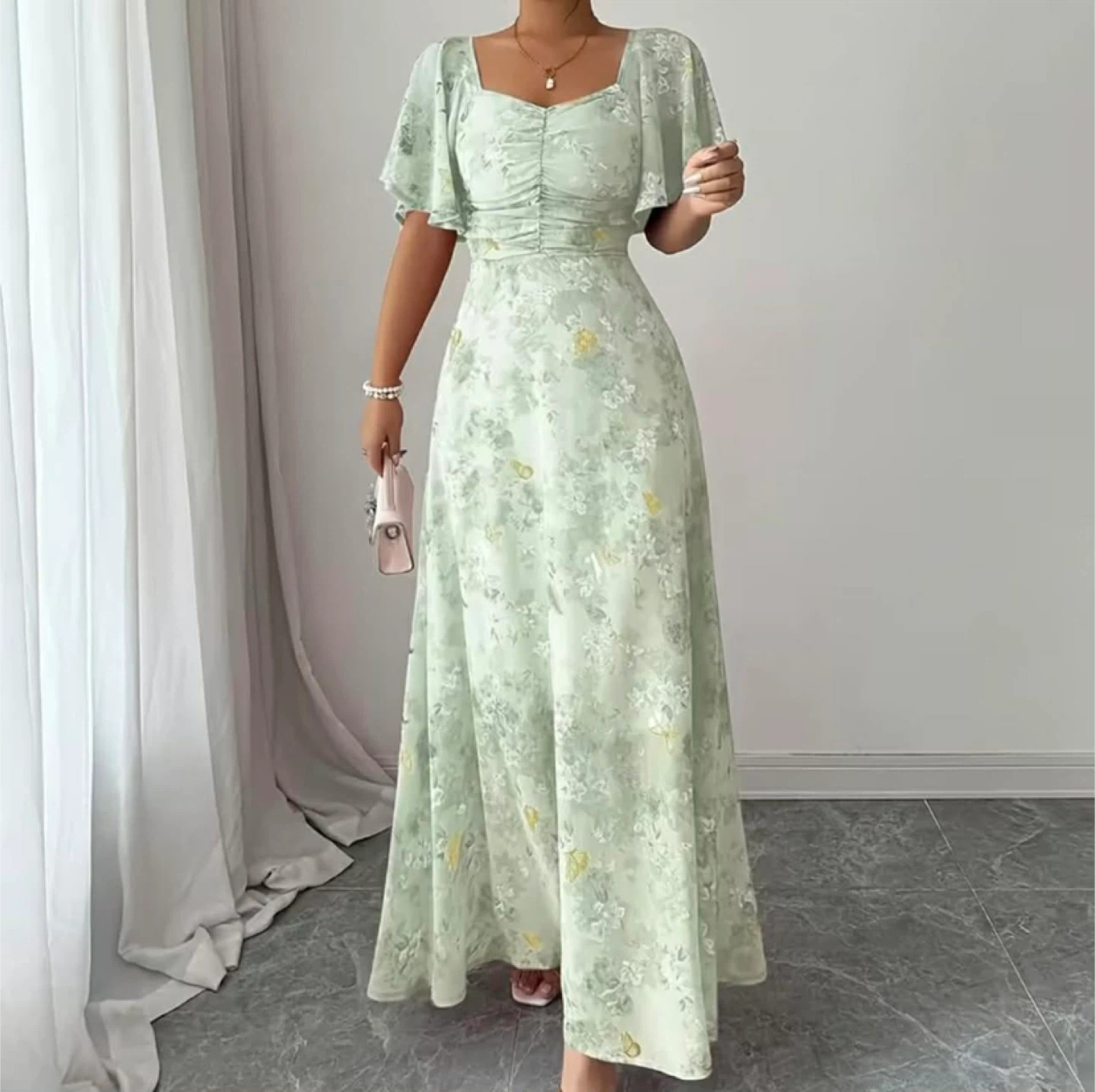 Floral Print Maxi Dress with Flutter Sleeves