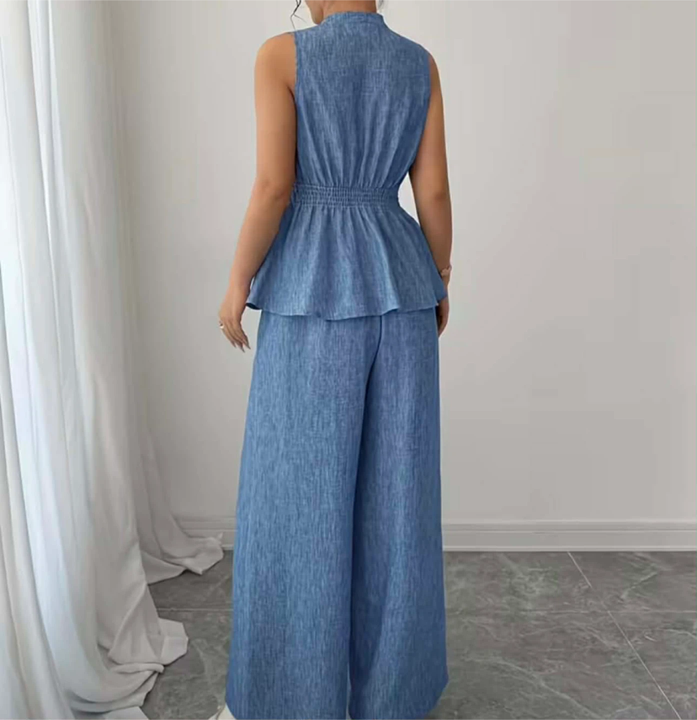 Blue Sleeveless Wrap Top and Wide Leg Pants Set - photo 2