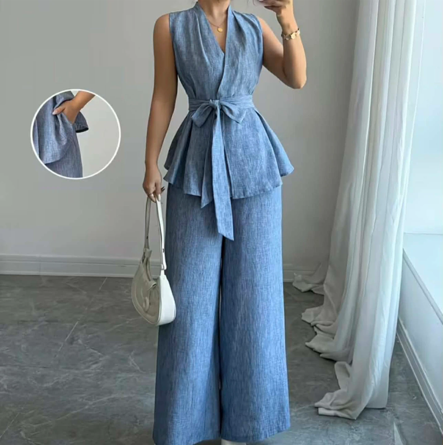 Blue Sleeveless Wrap Top and Wide Leg Pants Set