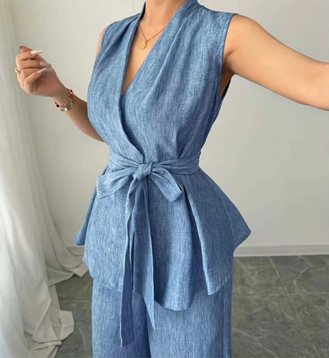 Blue Sleeveless Wrap Top and Wide Leg Pants Set - photo 3