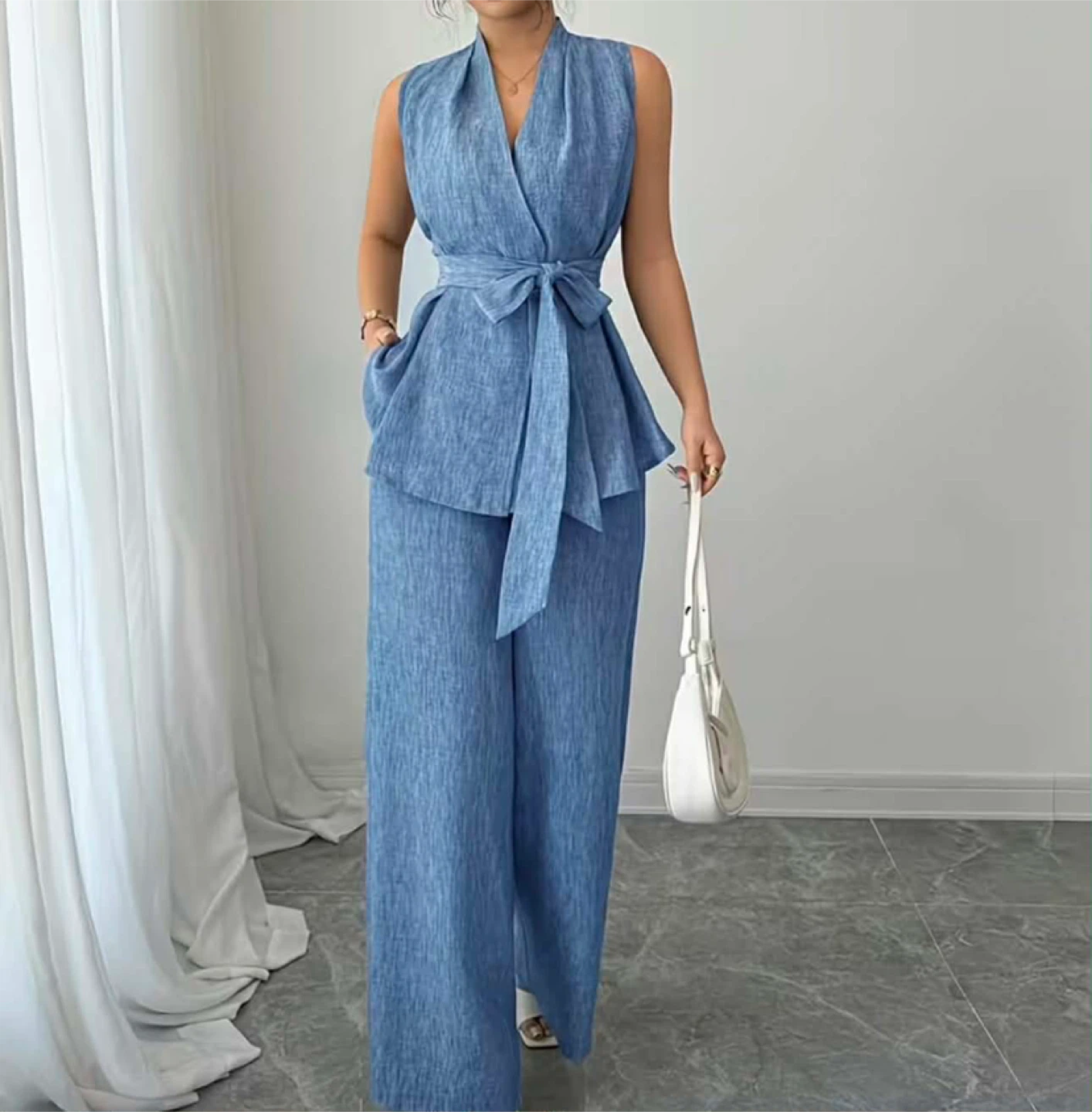 Blue Sleeveless Wrap Top and Wide Leg Pants Set - photo 5