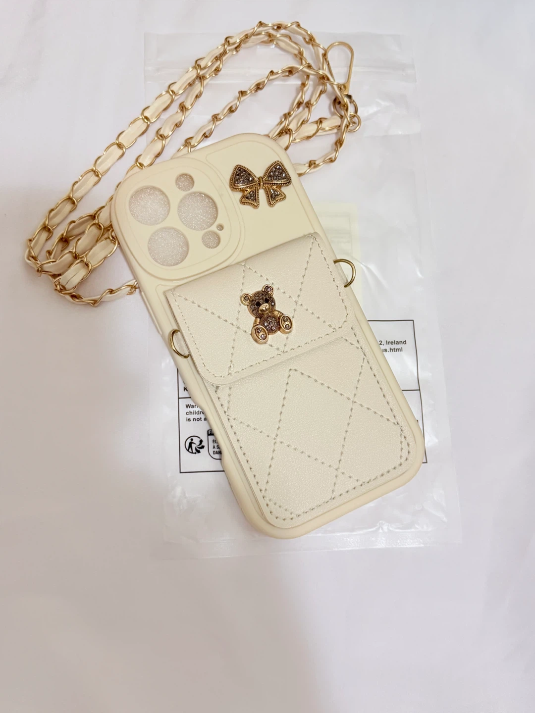 Cream Quilted Phone Case with Card Holder and Chain Strap - photo 4