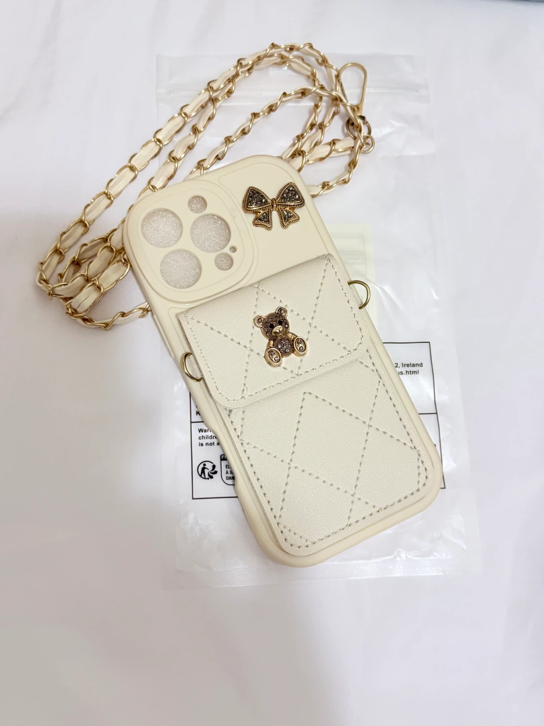 Cream Quilted Phone Case with Card Holder and Chain Strap - photo 3