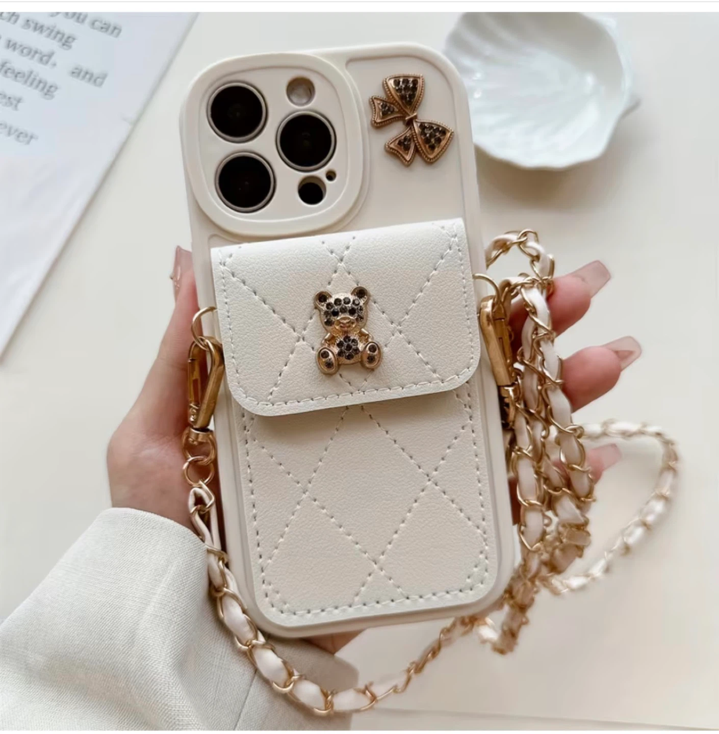 Cream Quilted Phone Case with Card Holder and Chain Strap - photo 2