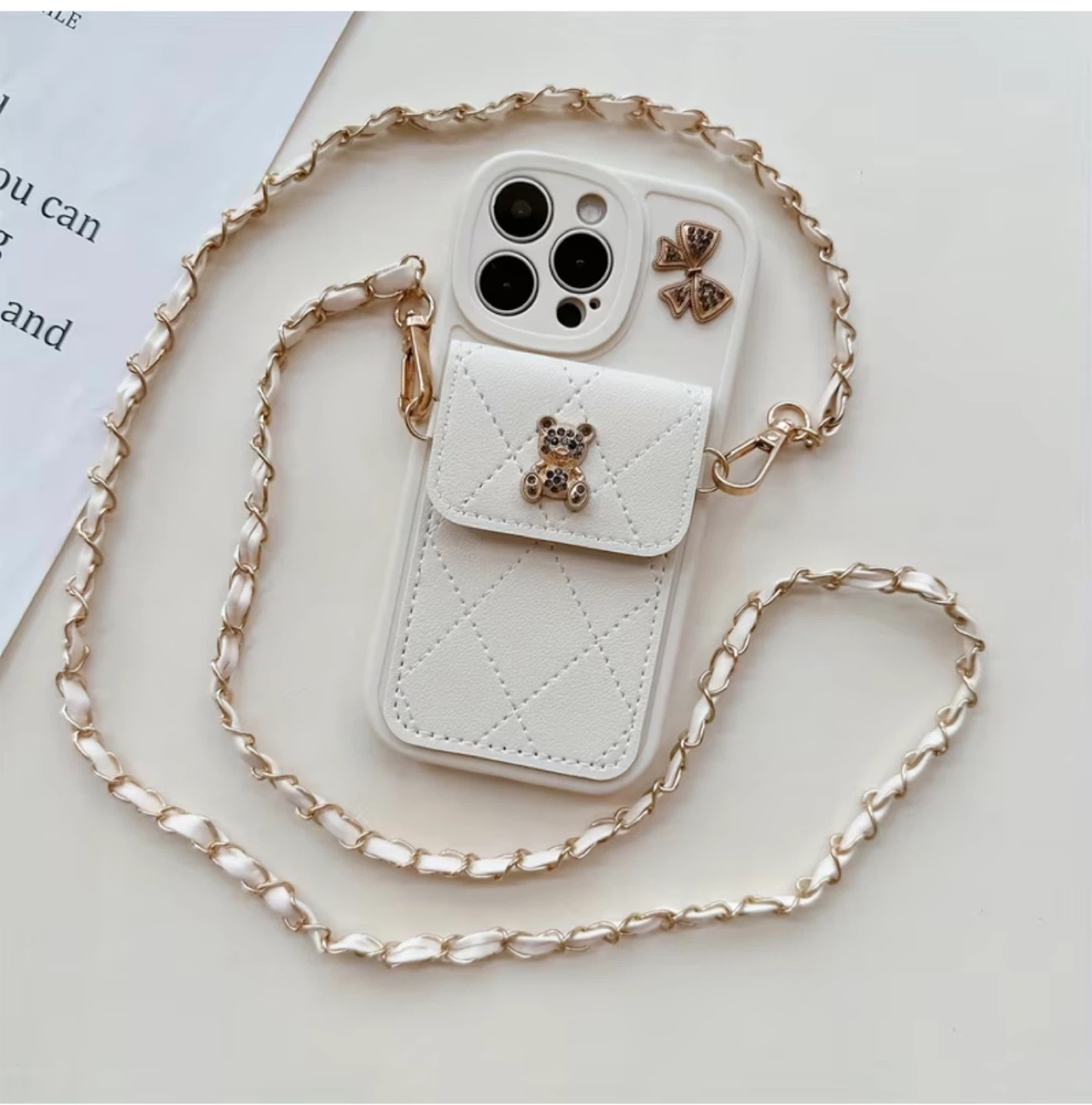 Cream Quilted Phone Case with Card Holder and Chain Strap