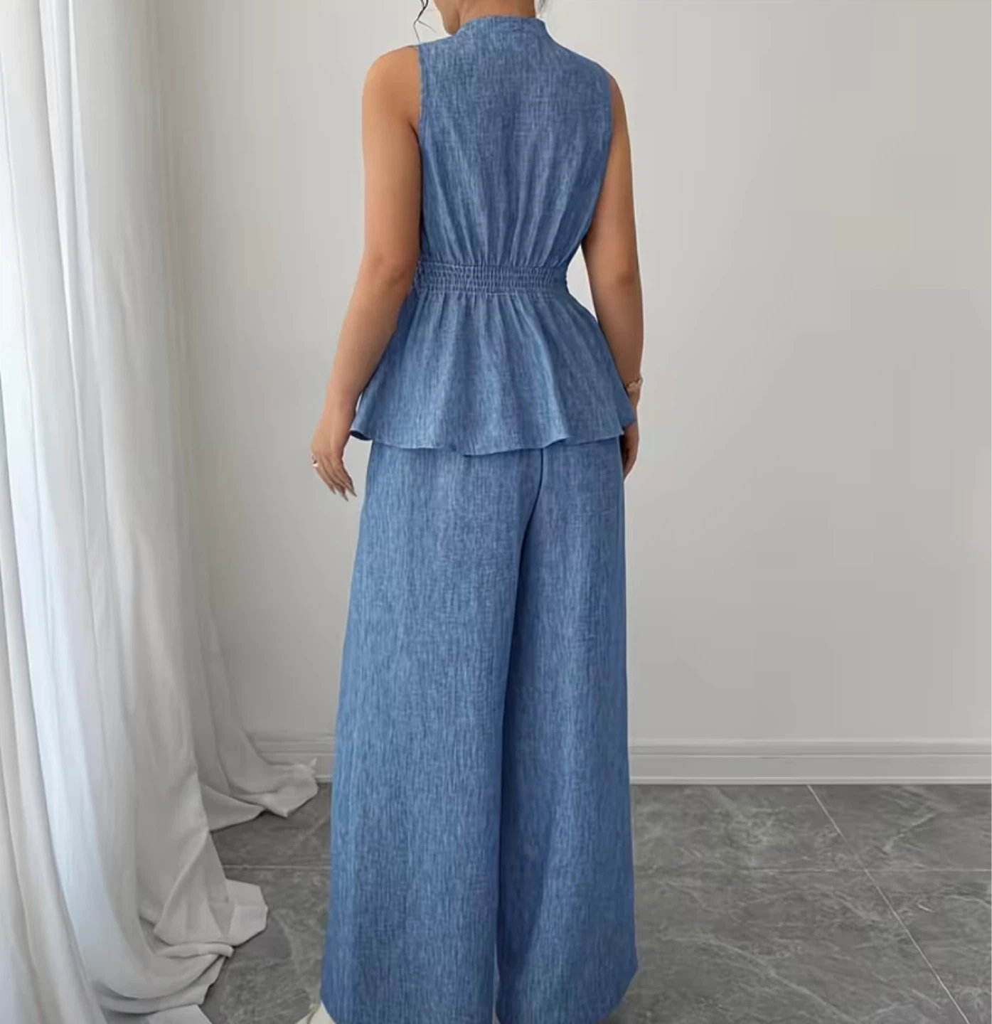 Blue Linen Blend Sleeveless V-Neck Wide Leg Jumpsuit - photo 2