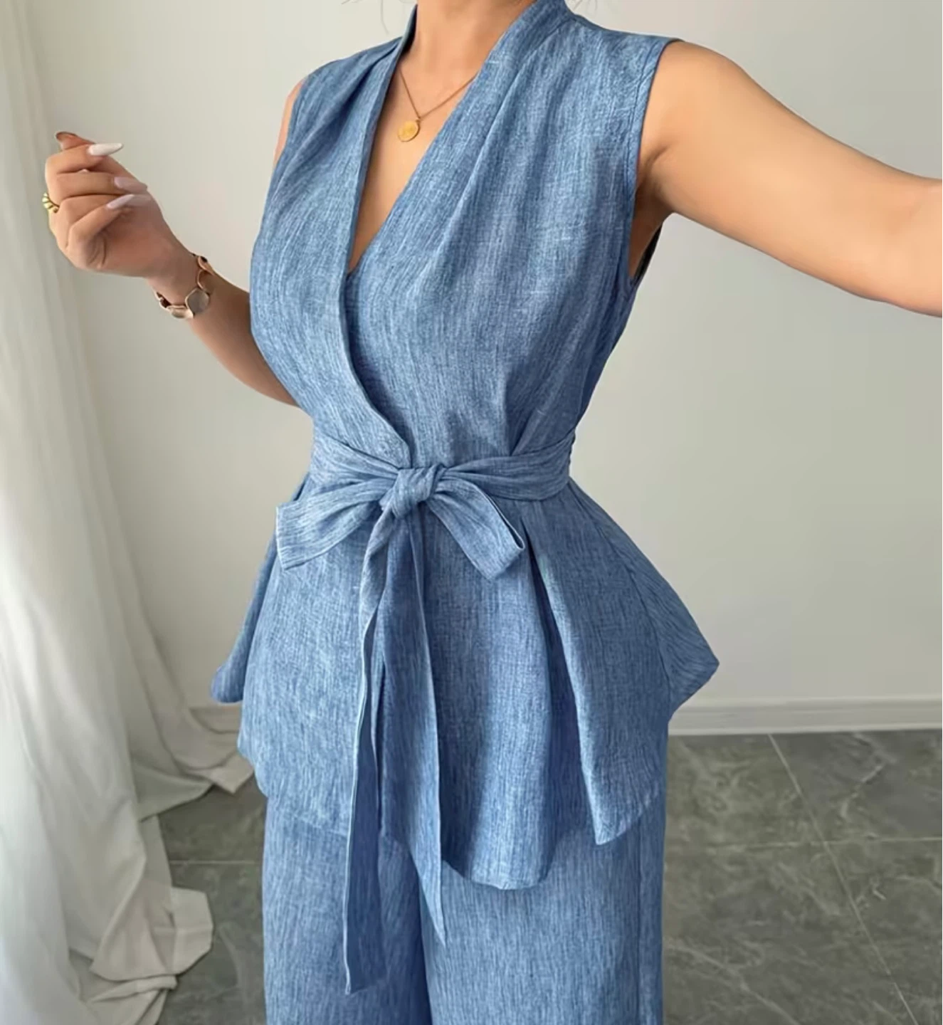 Blue Linen Blend Sleeveless V-Neck Wide Leg Jumpsuit - photo 3