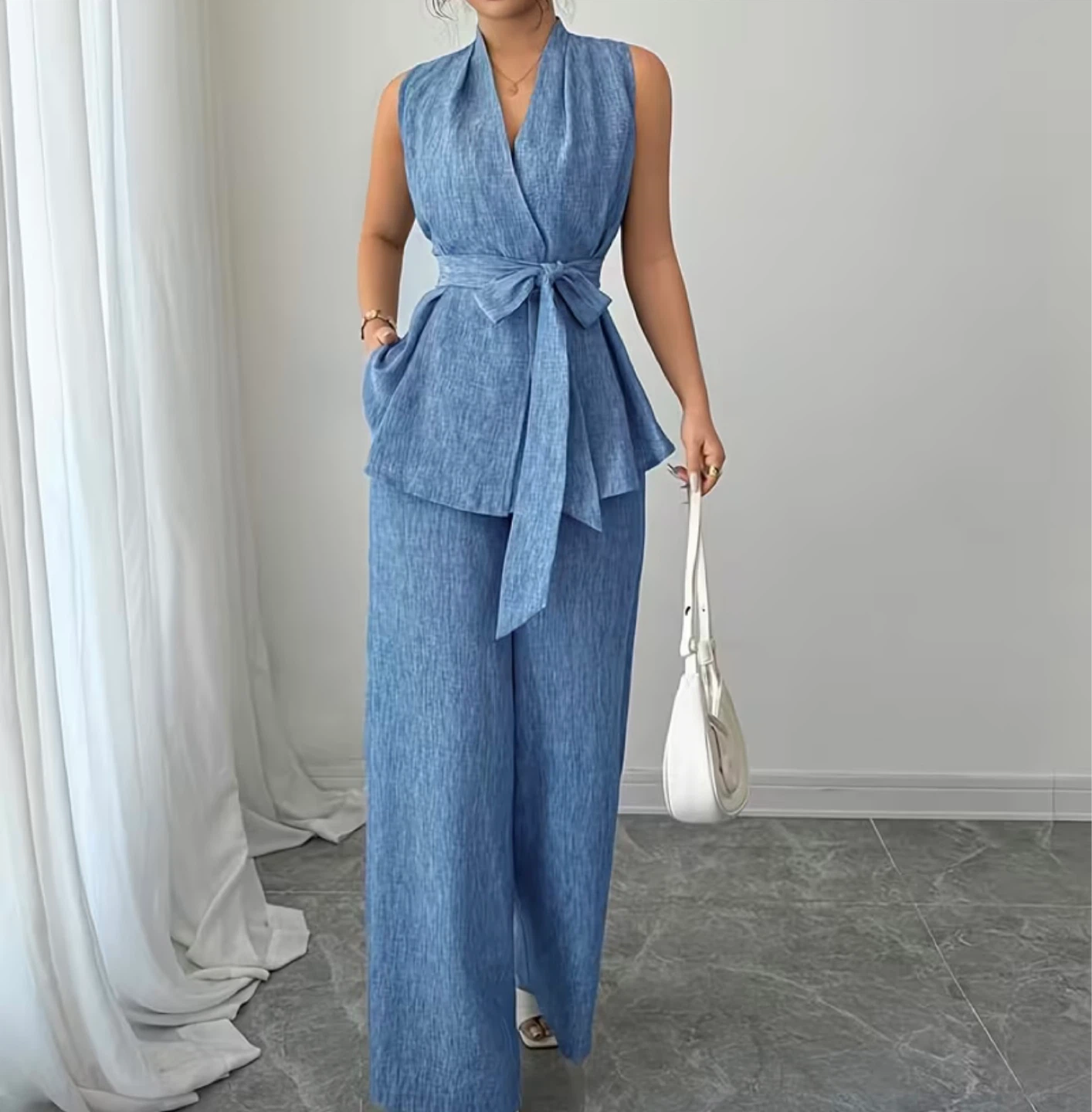 Blue Linen Blend Sleeveless V-Neck Wide Leg Jumpsuit