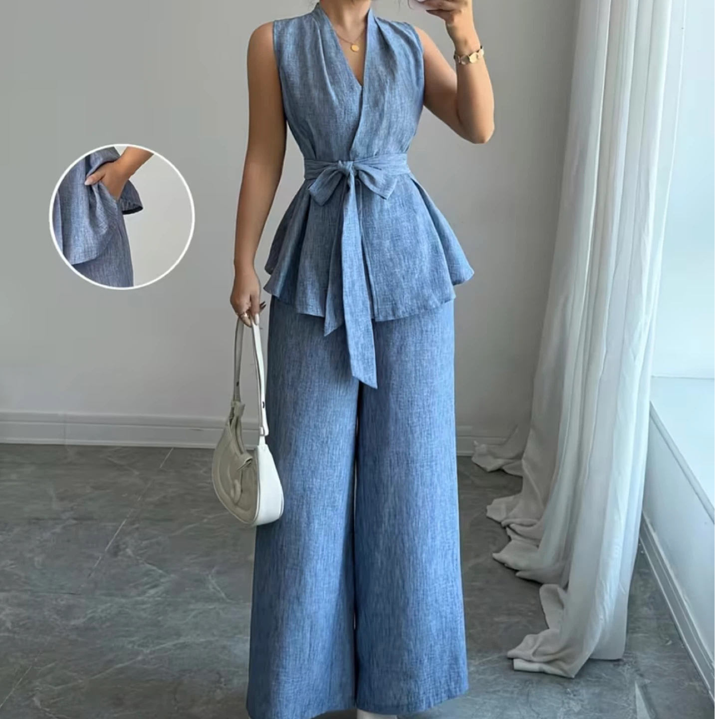 Blue Linen Blend Sleeveless V-Neck Wide Leg Jumpsuit - photo 5