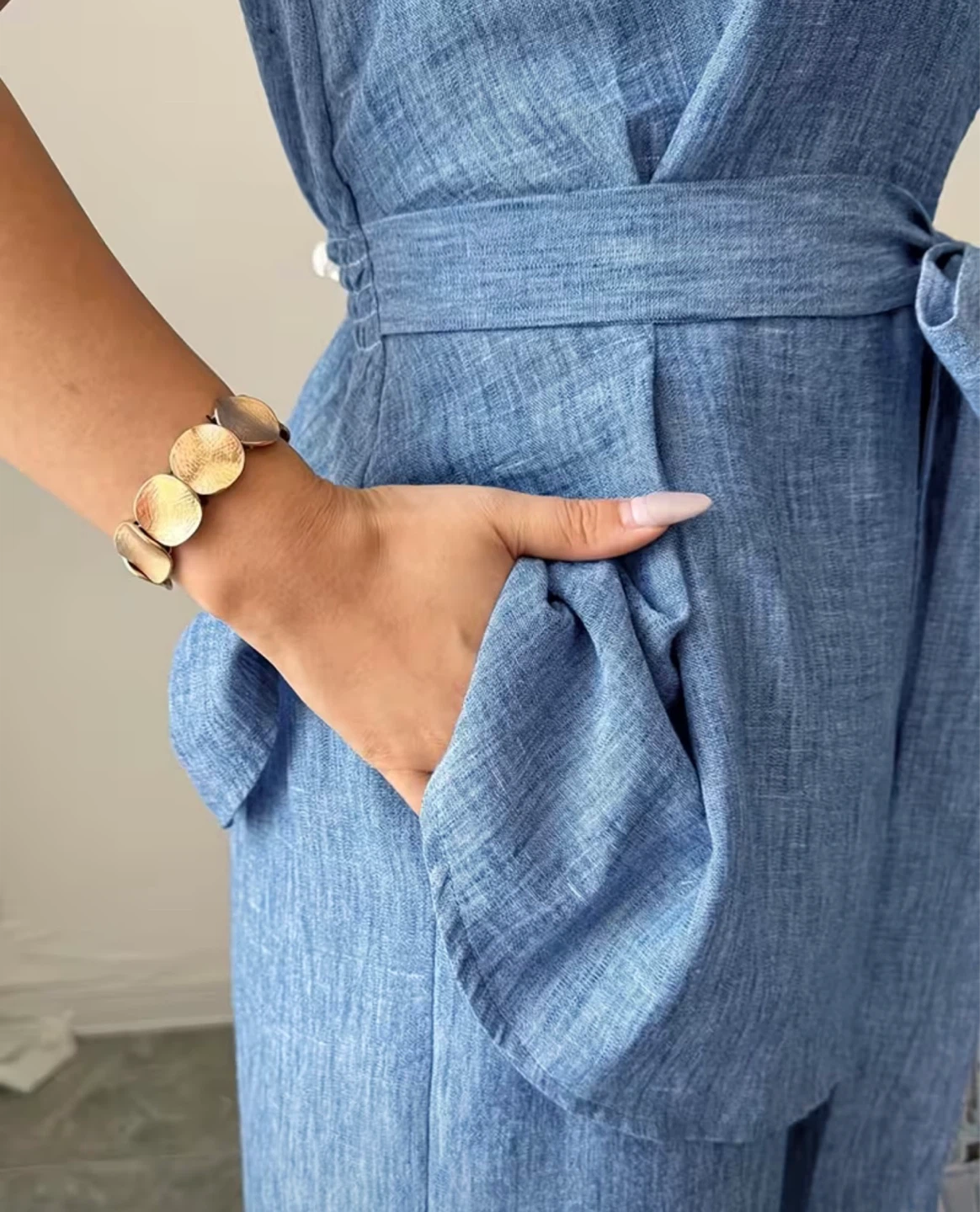 Blue Linen Blend Sleeveless V-Neck Wide Leg Jumpsuit - photo 4