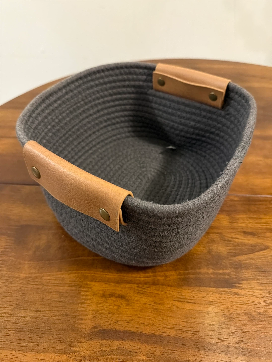 Gray Rope Storage Basket with Faux Leather Handles