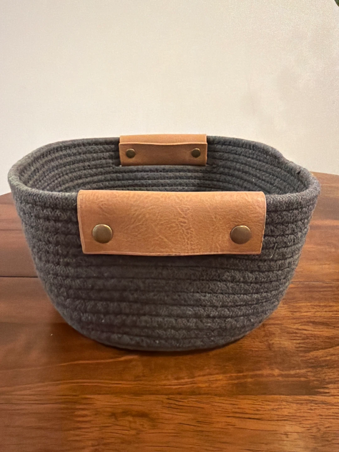 Gray Rope Storage Basket with Faux Leather Handles - photo 2