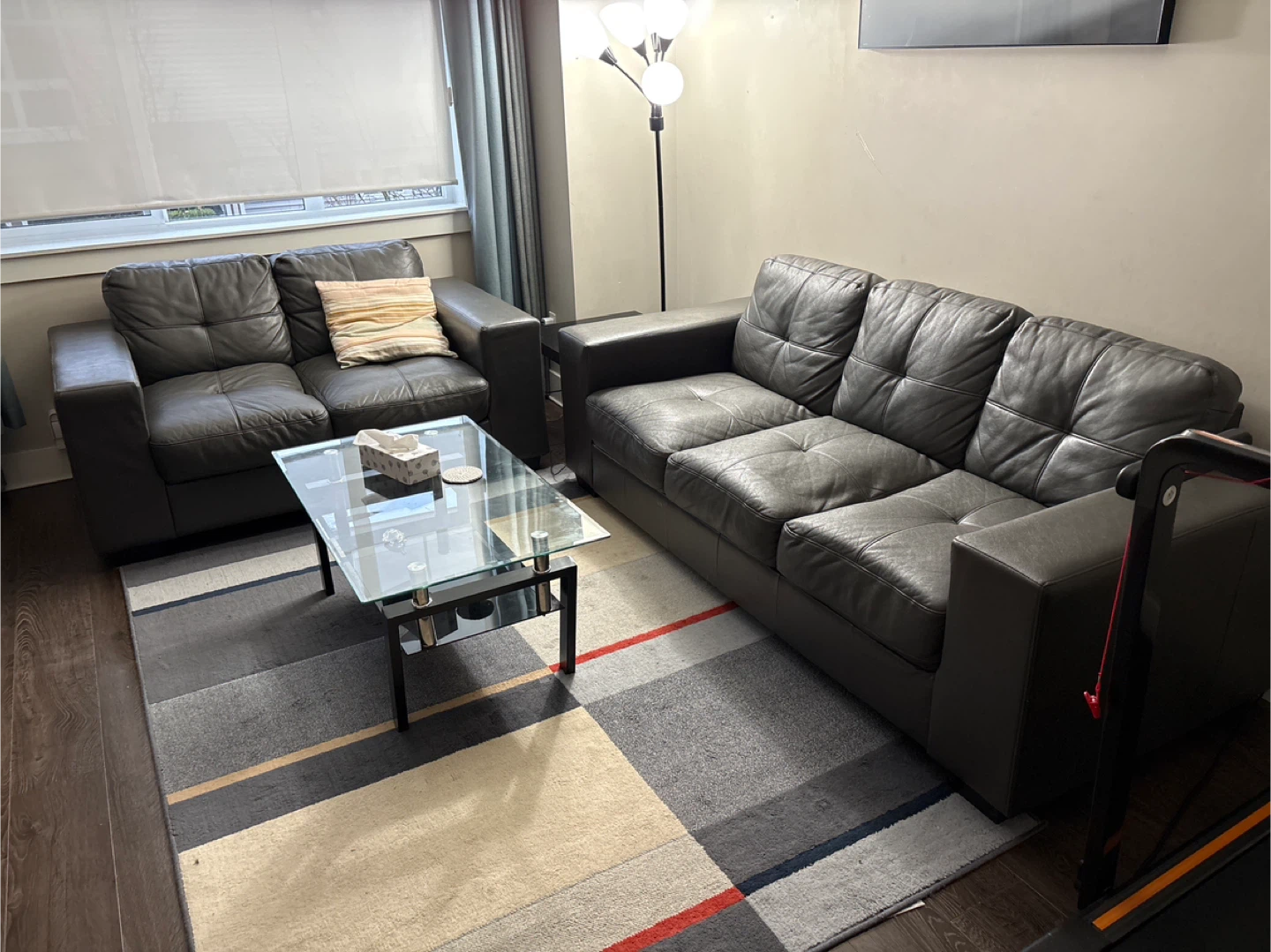 Dark Grey Leather Sofa Set - photo 2