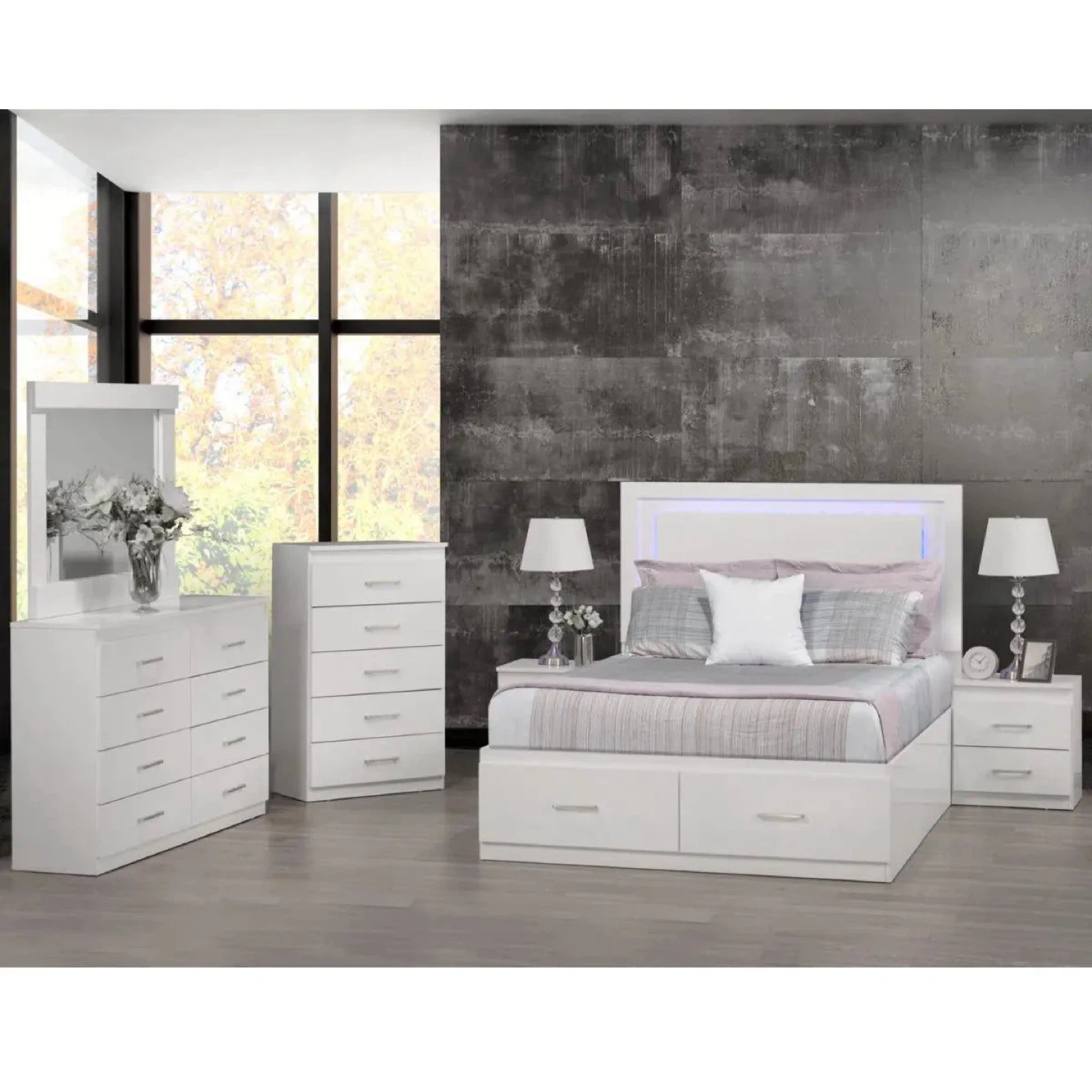 White Bedroom Set with LED Headboard