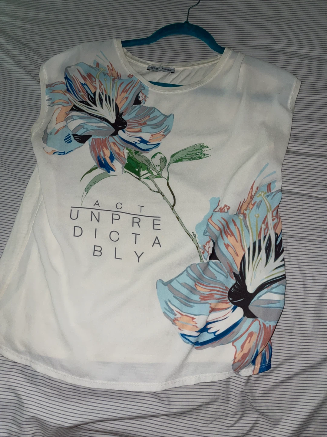 White Floral T-Shirt with "Act Unpredictably" Graphic - photo 2