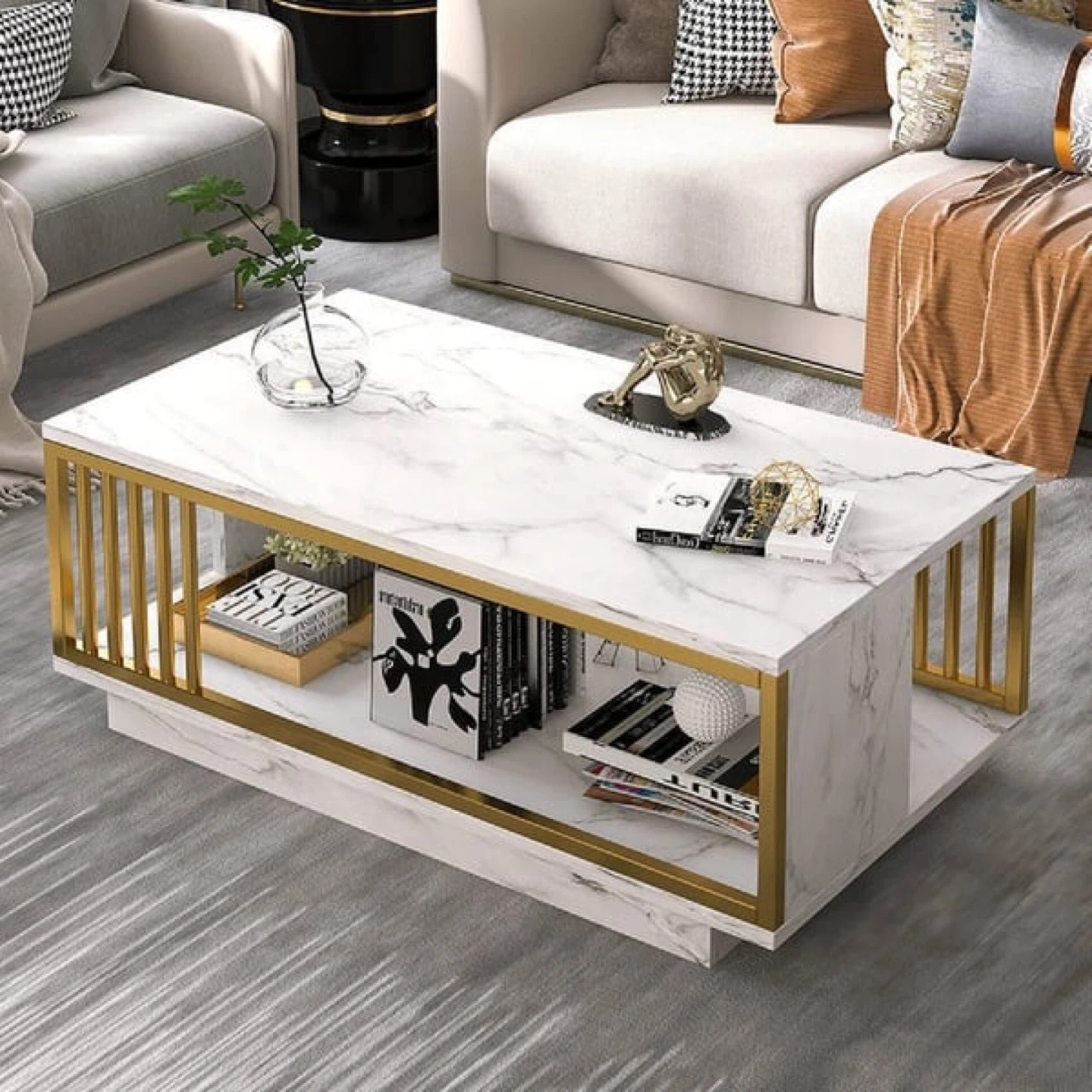 New White Marble-look Coffee Table with Gold Frame - photo 4