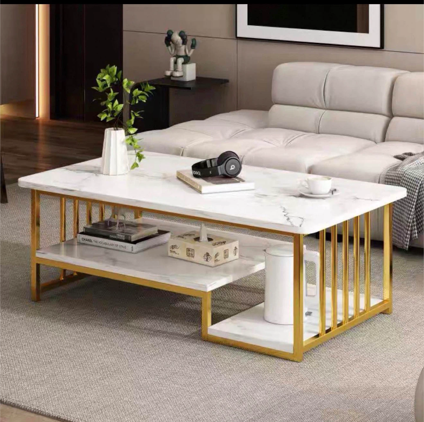 New White Marble-look Coffee Table with Gold Frame
