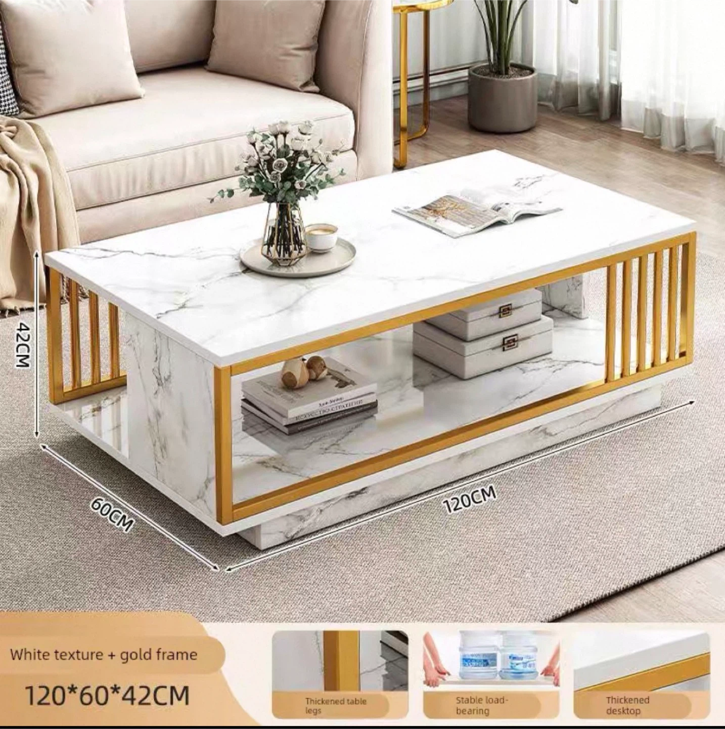 New White Marble-look Coffee Table with Gold Frame - photo 5