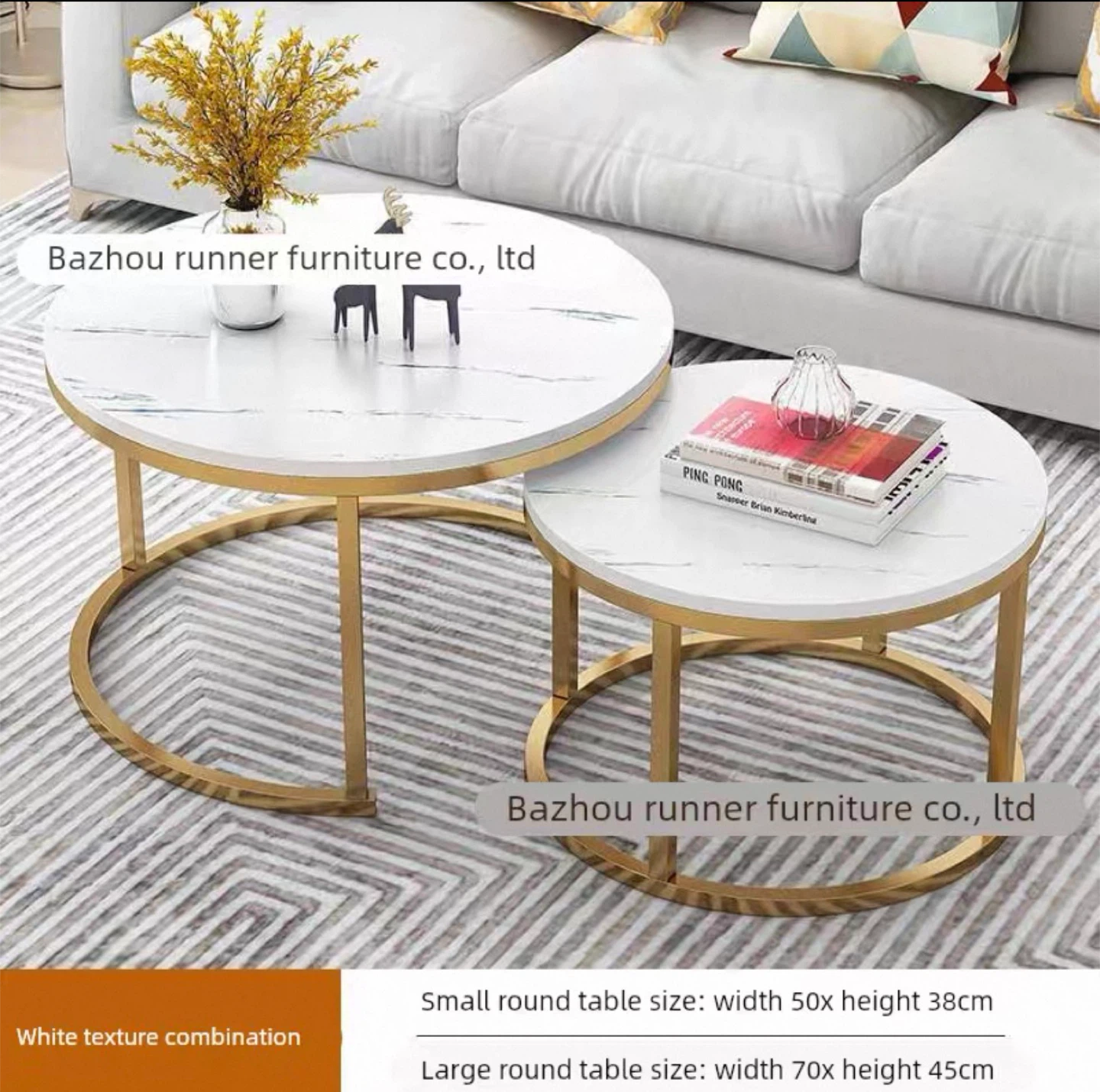 New Set of 2 Nesting Round Coffee Tables - White Marble Look