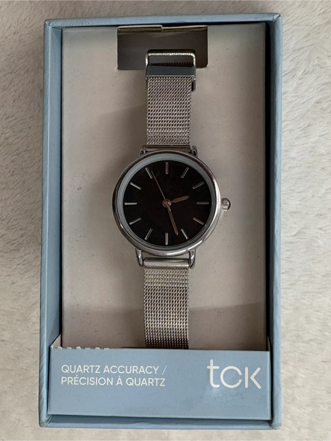TCK Silver Mesh Band Black Dial Minimalist Quartz Watch - photo 2
