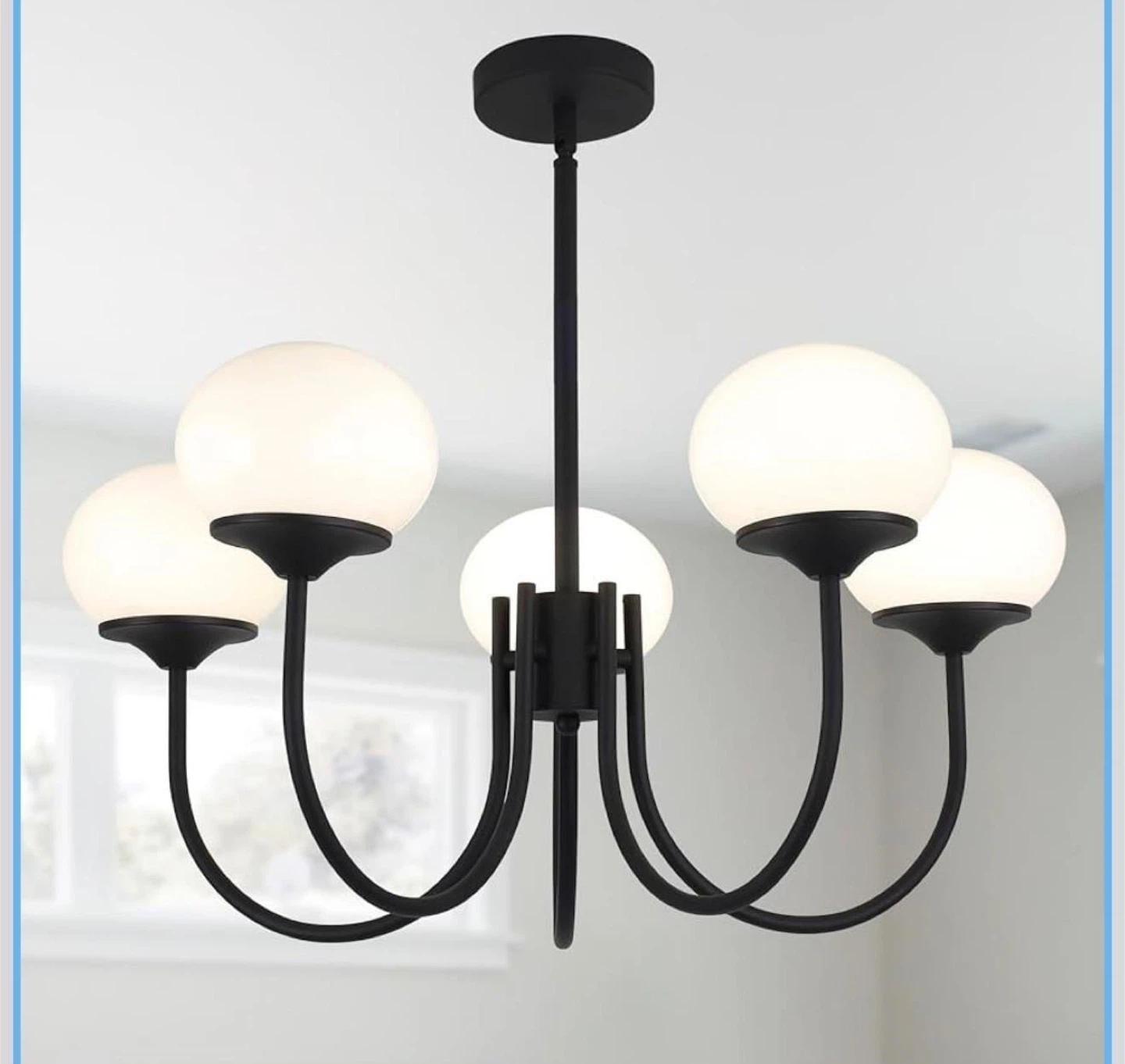 Black Chandelier Light Fixture with 5 Frosted Glass Shades
