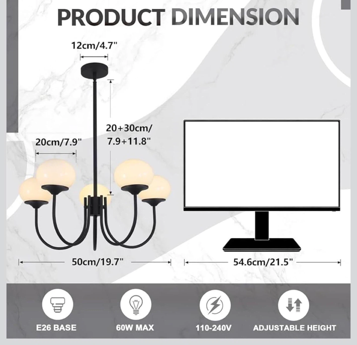 Black Chandelier Light Fixture with 5 Frosted Glass Shades - photo 2
