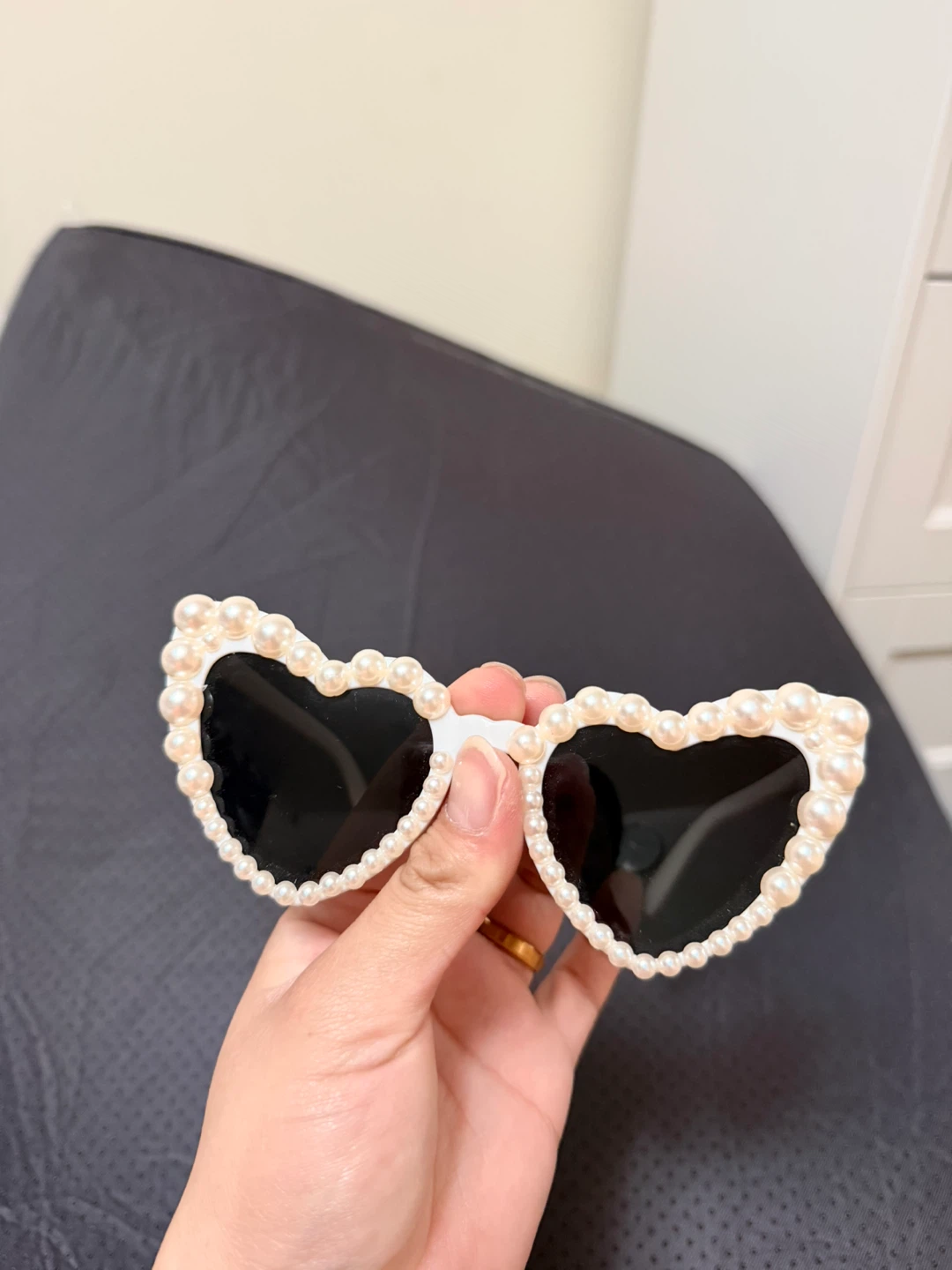 White Heart-Shaped Sunglasses with Pearl Embellishments