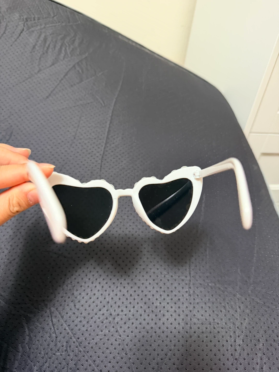 White Heart-Shaped Sunglasses with Pearl Embellishments - photo 3
