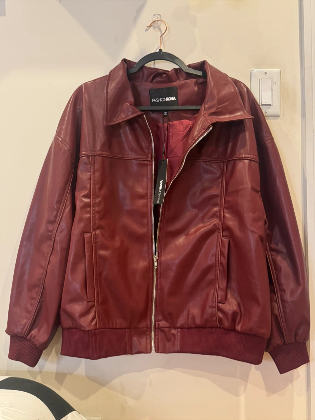 Fashion Nova Faux Leather Bomber Jacket - Burgundy