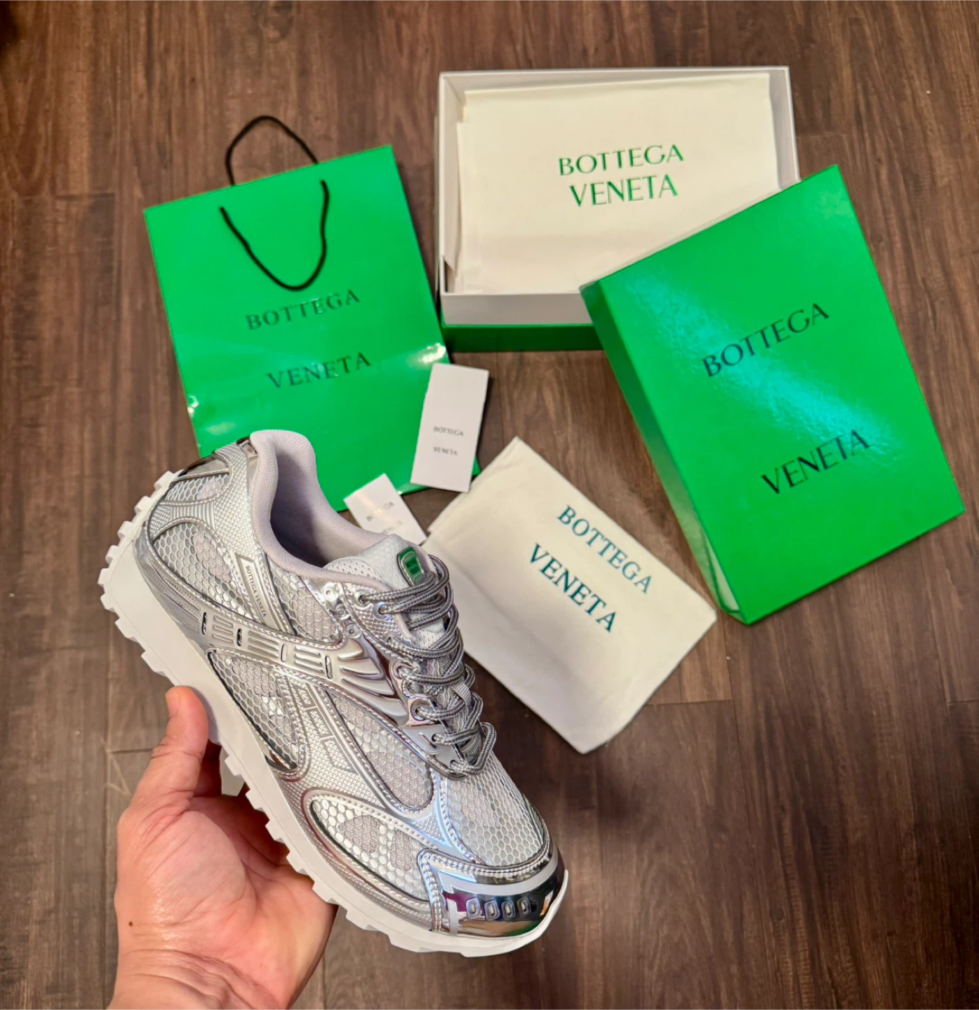 Bottega Veneta Silver Leather and Mesh Low-Top Sneakers