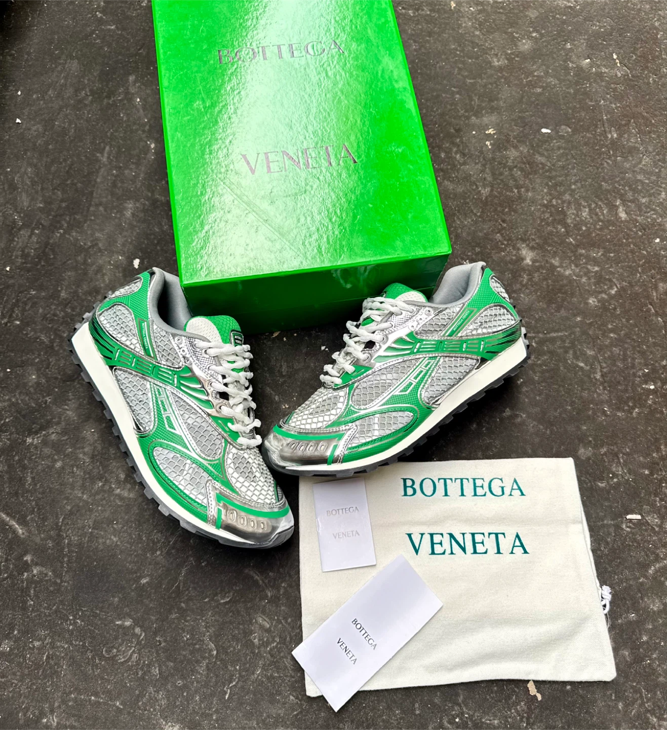 Bottega Veneta Green & Silver Leather Mesh Runner Sneakers