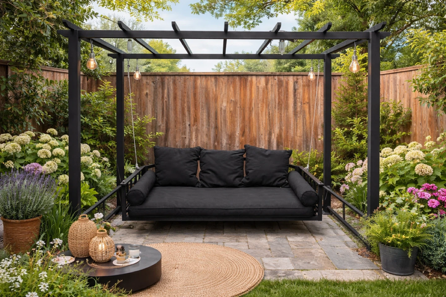 Black Metal Outdoor Swing with Canopy and Cushions