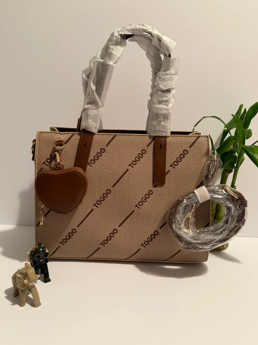 TOGOO Monogram Canvas Handbag with Heart Charm