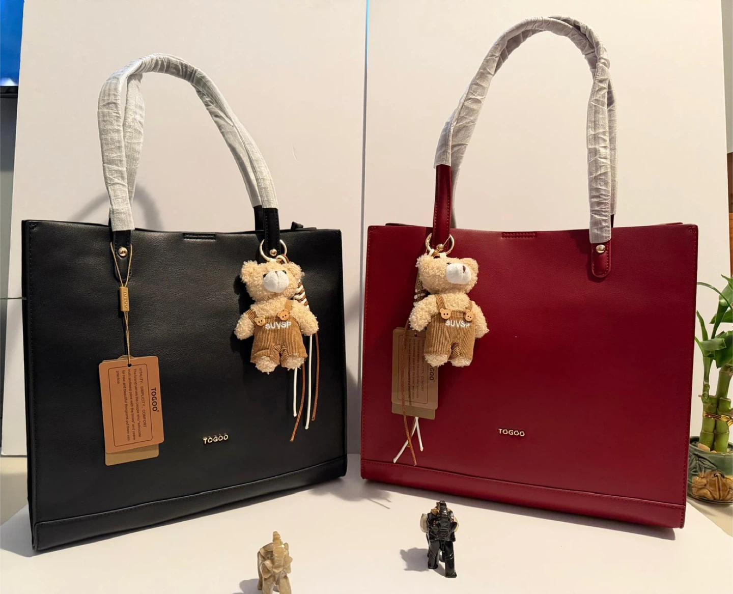 TOGOO Tote Bag with Bear Charm - Black or Burgundy