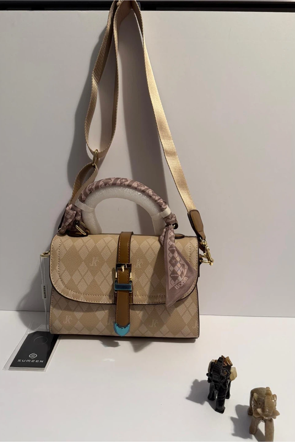 Sumzeen Beige Monogram Shoulder Bag with Scarf Detail