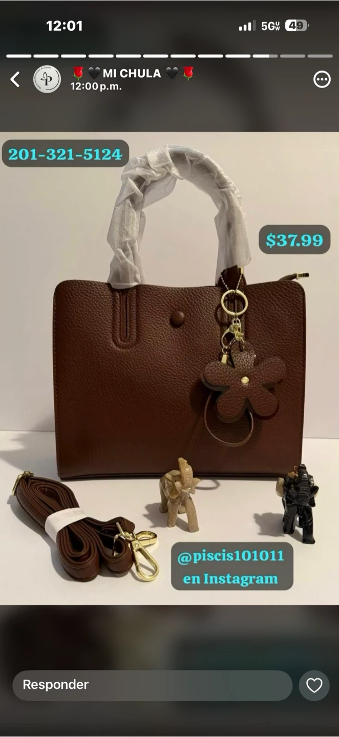 Brown Pebble Grain Tote Bag with Flower Charm