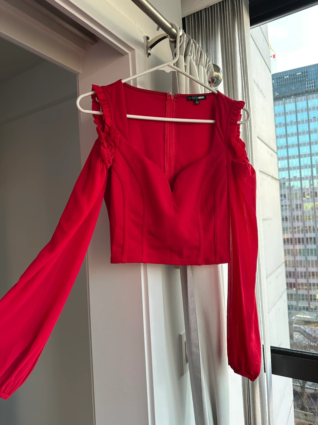 Fashion Nova Red Cold Shoulder Long Sleeve Crop Top