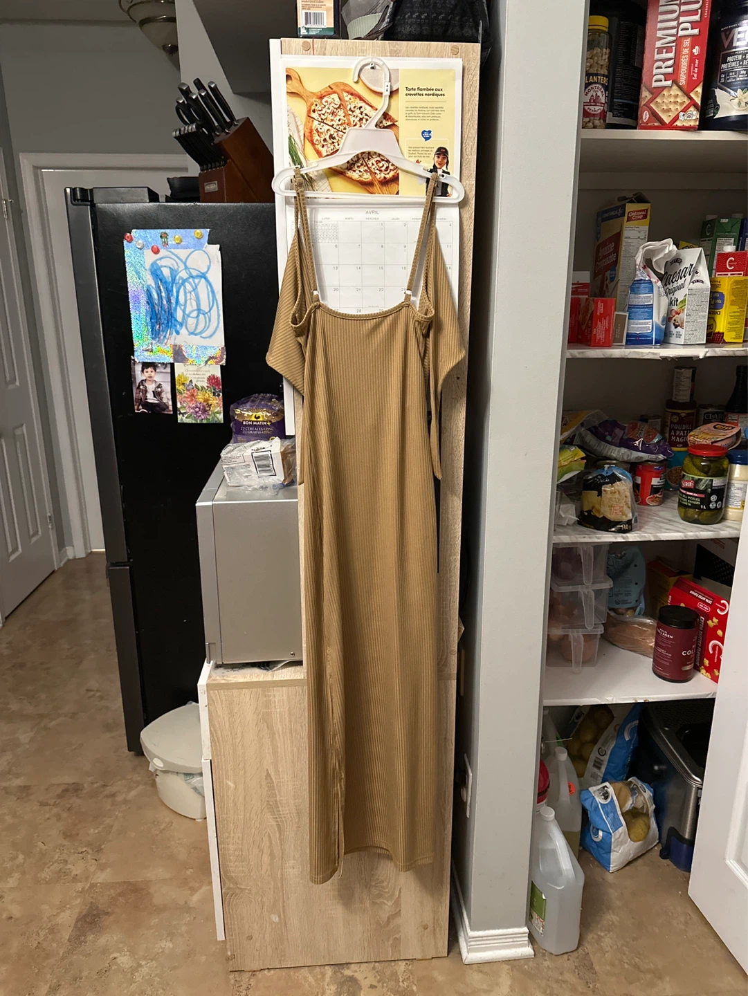 Robe longue à bretelles camel côtelée