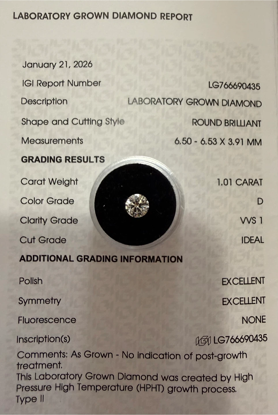 1.01 Carat, VVS1, D, Ideal Cut Laboratory Grown Diamond