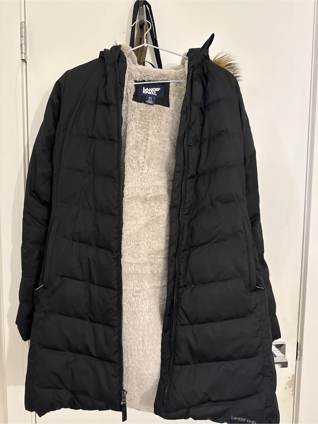 Lands' End Puffer Coat with Faux Fur Lining - Black