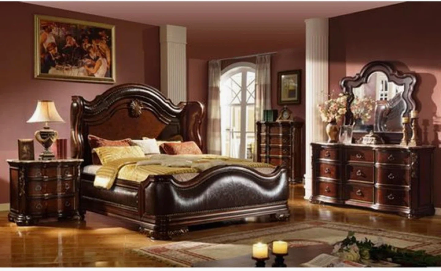 Dark Wood Bedroom Set with Bed, Dresser, and Nightstands