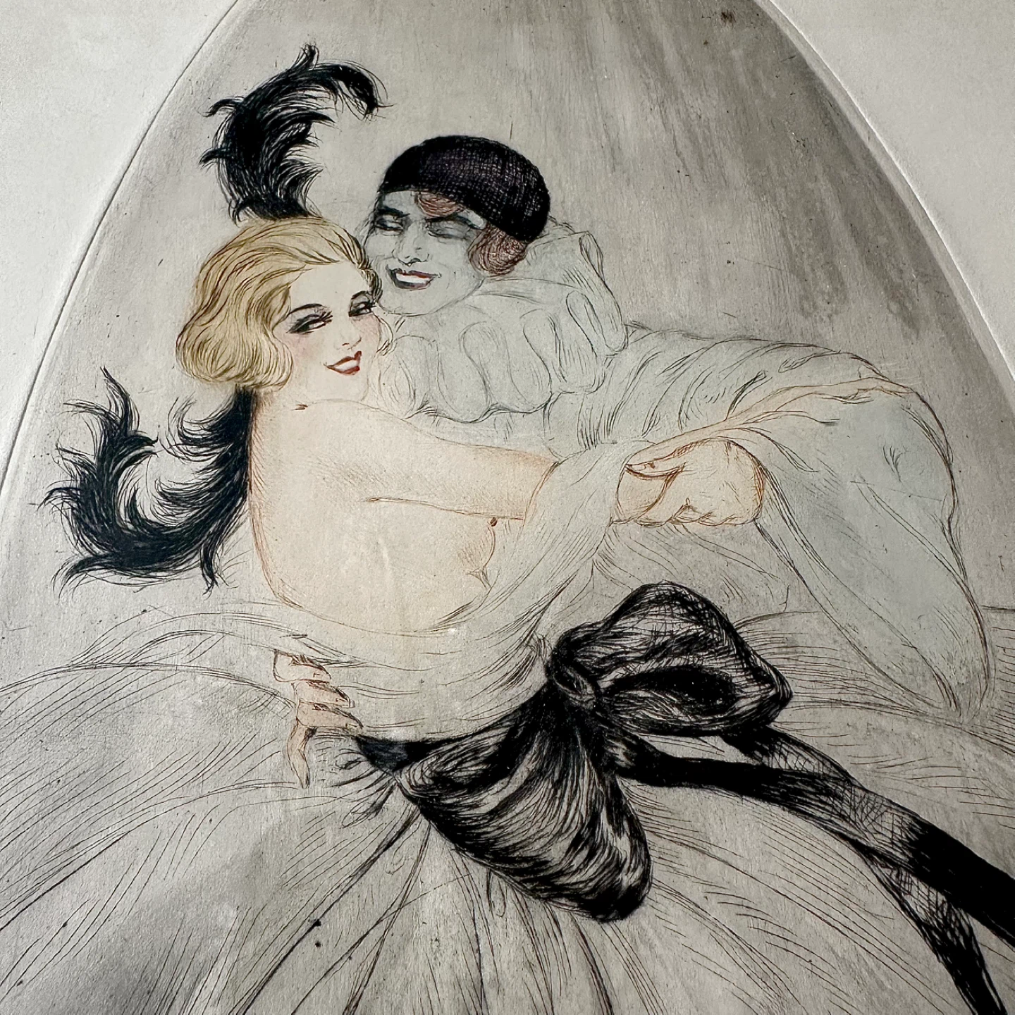 Large framed antique Pierrot boudoir etching from Paris