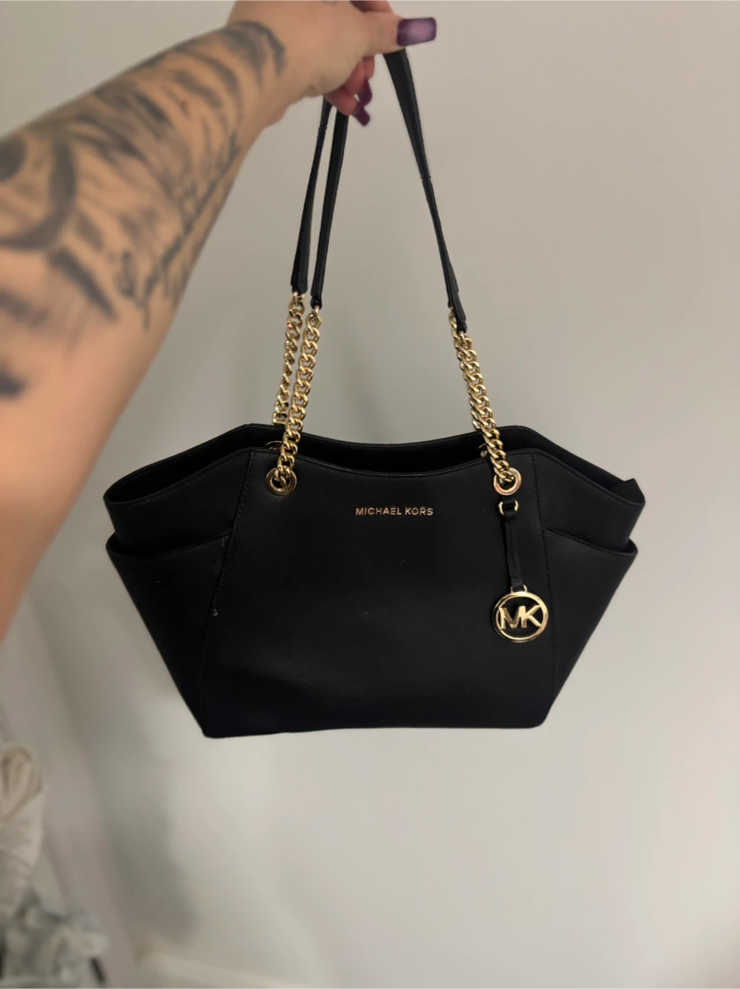 Michael Kors Black Leather Tote Bag with Gold Chain Detail