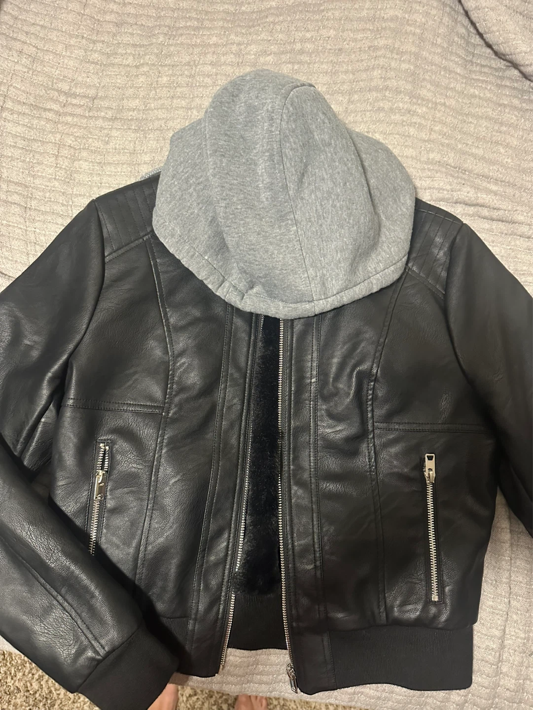 Women’s Faux Leather Jacket with Fur Lining & Hood -black - photo 4