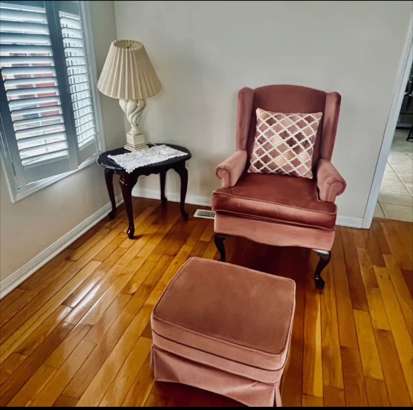 Pink Velvet Wingback Chair with Ottoman